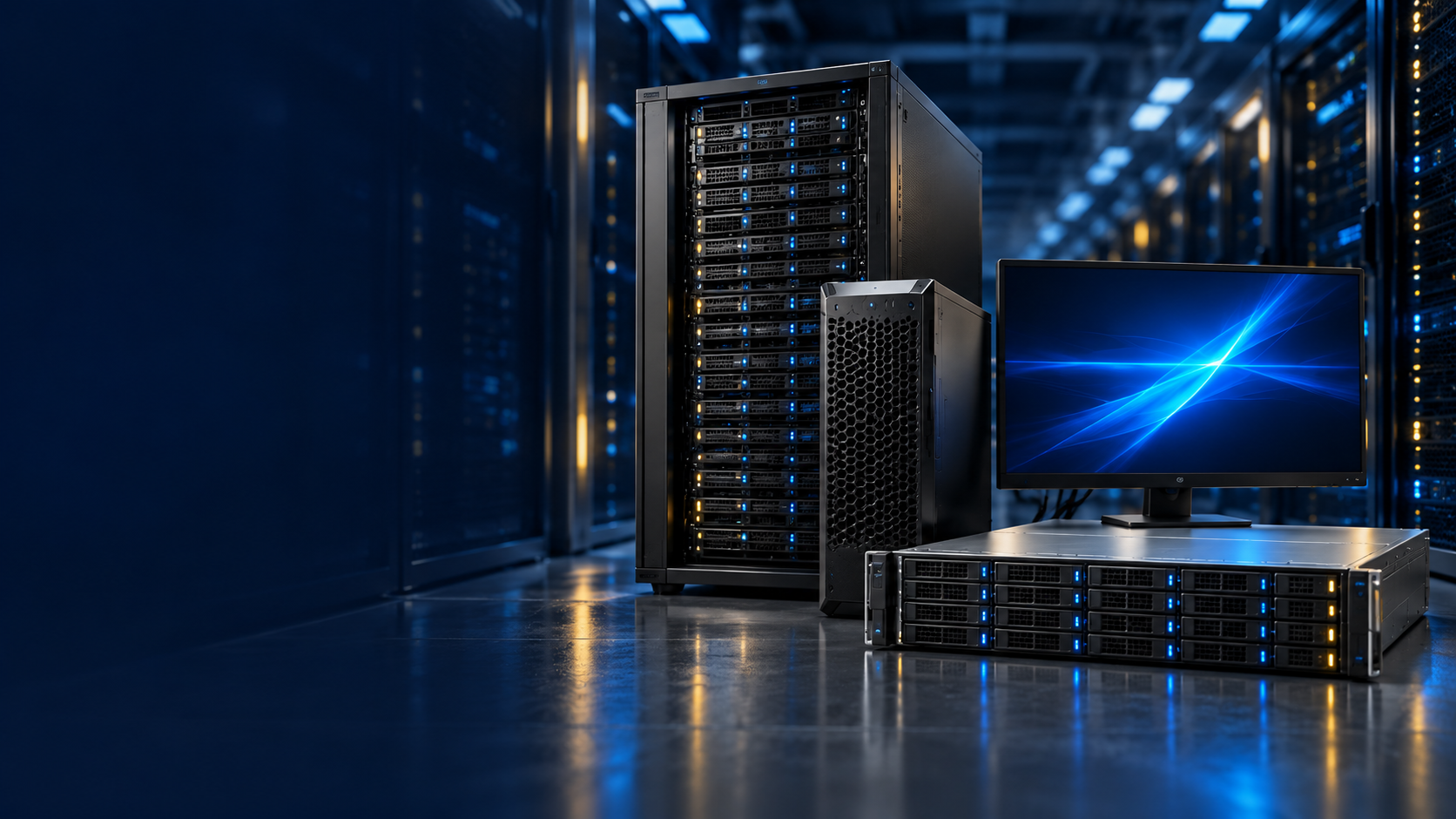 Illustrative composite of server racks, an industrial tower computer, a workstation, and storage equipment